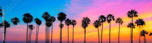 Silhouettes of palm trees against a vibrant sunset sky with pink, orange, and blue hues.