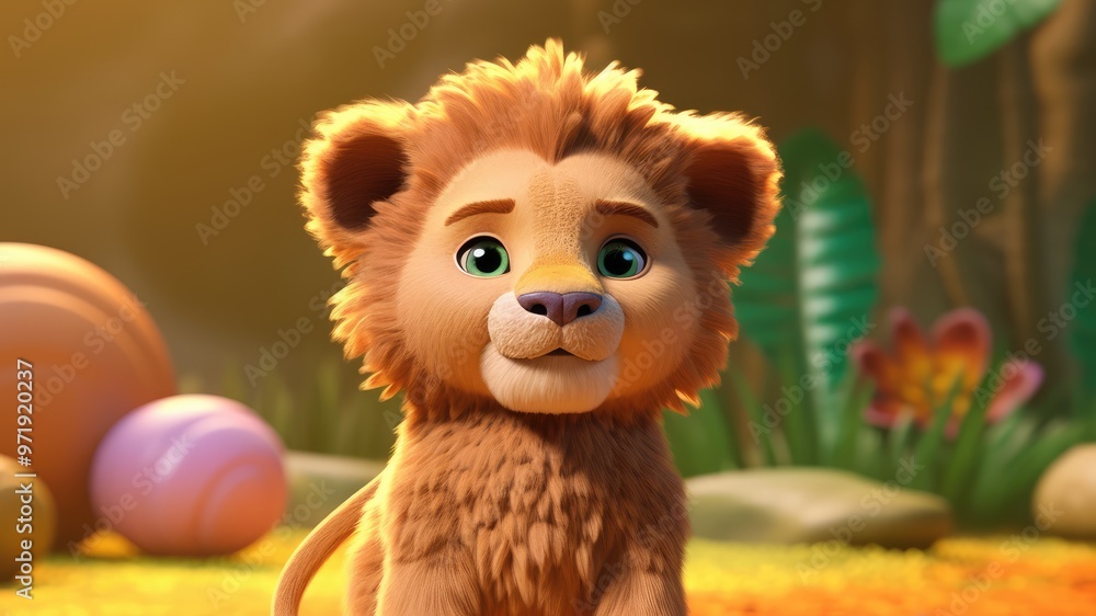 Young lion cub in the wild, looking straight into the camera in the desert, ultra wide angle lens. Young lion cub in the wild, looking straight into the camera in the desert, ultra wide angle lens.