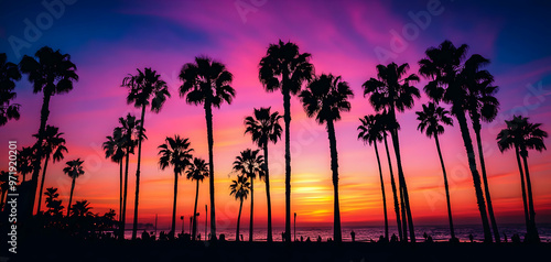 Silhouettes of palm trees against a vibrant pink and orange sunset over a beach.