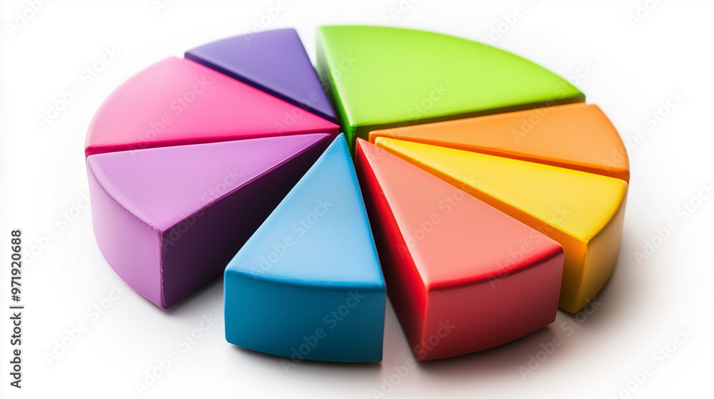 Fototapeta premium A pie chart with colorful segments, representing business analytics, isolated on a white background