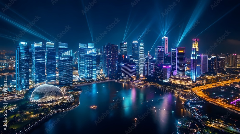 Fototapeta premium A panoramic view of a tech-driven city illuminated by IoT-powered infrastructure and blockchain-secured systems
