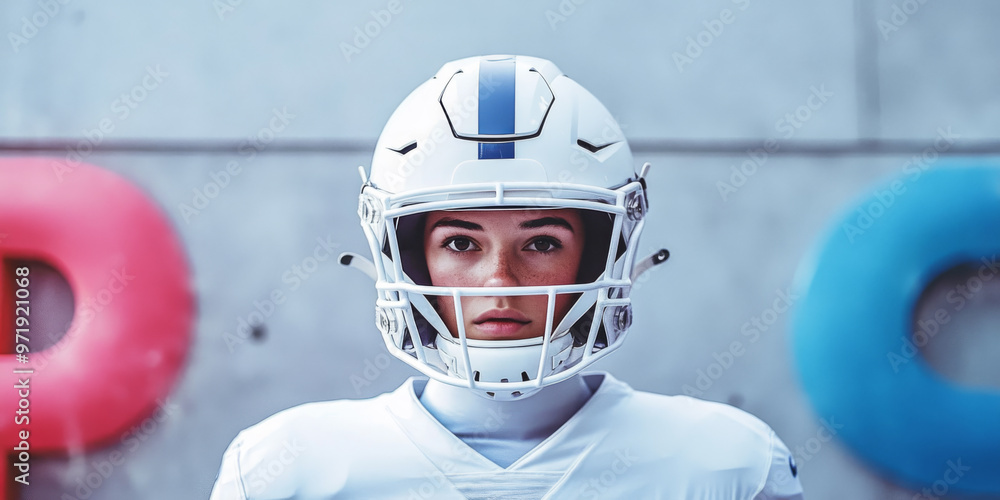 Fototapeta premium Focused Female American Football Player in White Helmet Standing Against a Modern Background