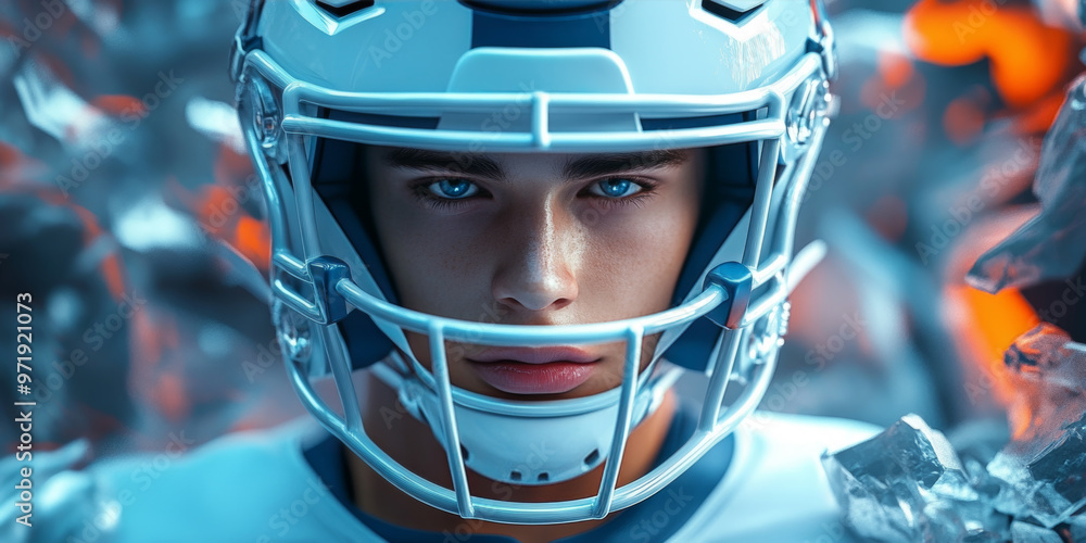 Futuristic Football Player with Intense Blue Eyes in a High-Tech Arena Futuristic Football Player with Intense Blue Eyes in a High-Tech Arena