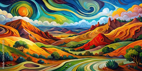 Vibrant abstract composition featuring swirling shapes, bold brushstrokes, and earthy tones, evoking the rugged beauty and mysterious landscapes of Izard County.