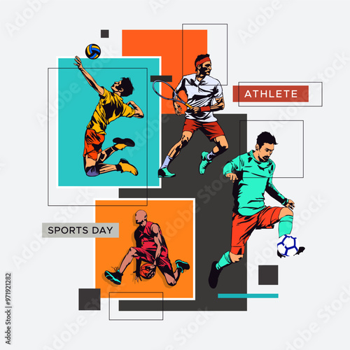 vector illustration of tennis, volleyball, basketball and football athletes on a white background with geometric objects, concept design welcoming sports tournaments. National sports day