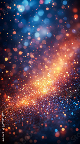 An abstract New Year background featuring vibrant bursts of color, shimmering lights, and glittering particles.