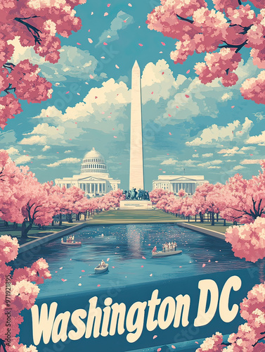 Vintage style travel poster for Washington DC with the Washington Monument, cherry blossom festival