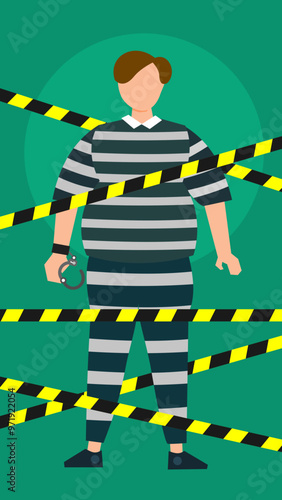 Male prisoner caught in the act vector illustration in caution tape background. Security breach. Suitable for crime and law content