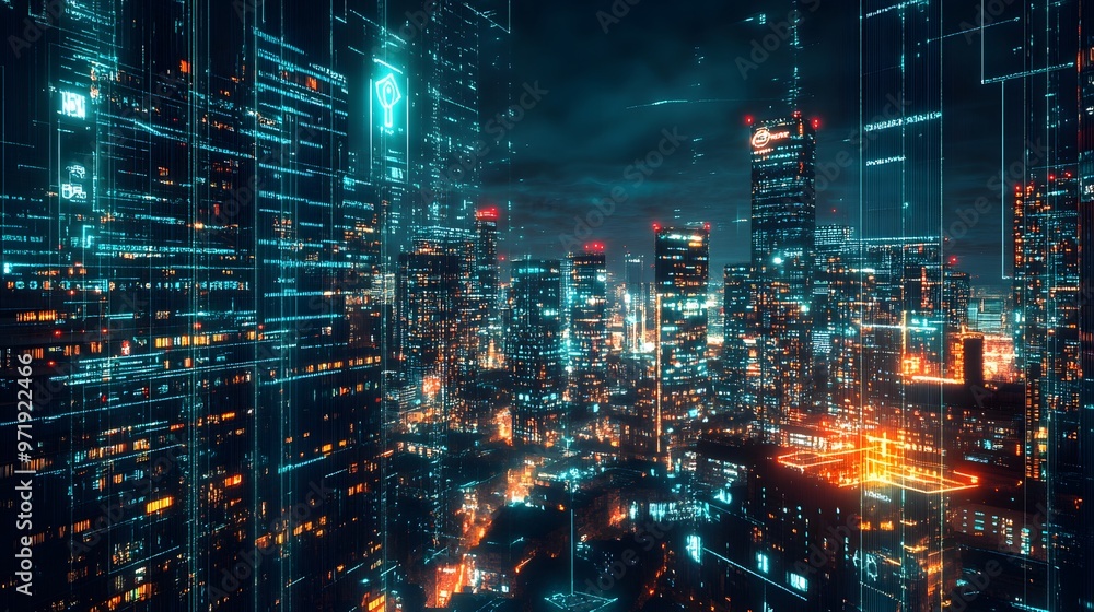 A futuristic city illuminated by neon lights and interconnected through blockchain and IoT infrastructure A futuristic city illuminated by neon lights and interconnected through blockchain and IoT infrastructure