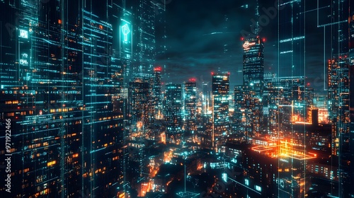 Wallpaper Mural A futuristic city illuminated by neon lights and interconnected through blockchain and IoT infrastructure Torontodigital.ca