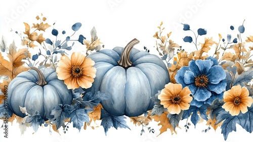Fototapeta Naklejka Na Ścianę i Meble -  Watercolor Painting of Blue Pumpkins, Flowers, and Leaves