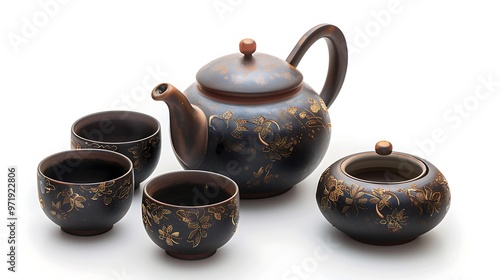 Tea set in the forest with a white background. photo