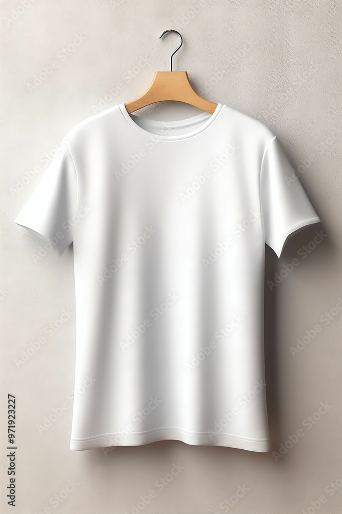 a white t shirt mockup with metallic hanger, background white, details t-shirt fabric texture a white t shirt mockup with metallic hanger, background white, details t-shirt fabric texture