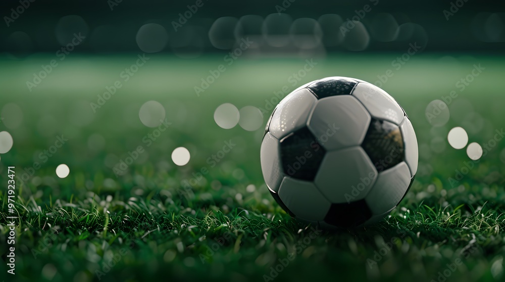 Naklejka premium A soccer ball is sitting on the grass. The image has a mood of calmness and relaxation
