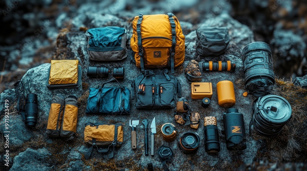 Outdoor gear and equipment arranged for an adventure. Outdoor gear and equipment arranged for an adventure.
