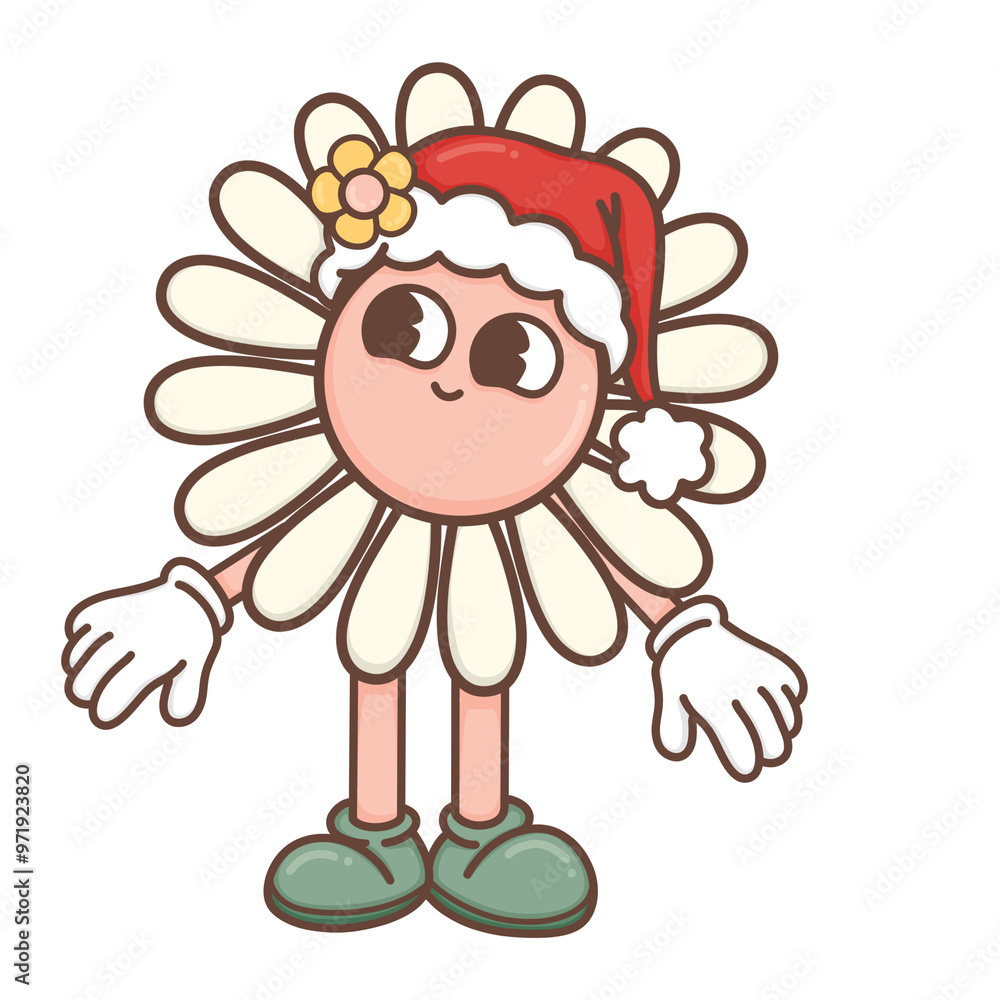 Christmas Flower Hippies Comic Mascot in trendy groovy hippie style.Merry Xmas 70s illustration Happy Winter holidays. Christmas Flower Hippies Comic Mascot in trendy groovy hippie style.Merry Xmas 70s illustration Happy Winter holidays.