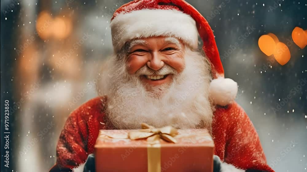 Père Noël tenant un cadeau dans la neige