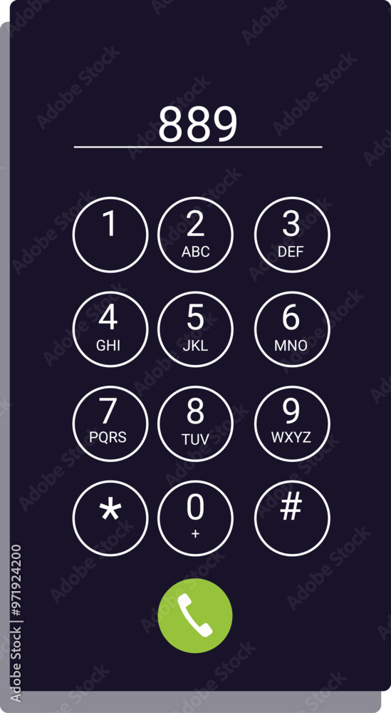 Smartphone is showing the number 889 at the top and is waiting for the call button to be pushed Smartphone is showing the number 889 at the top and is waiting for the call button to be pushed
