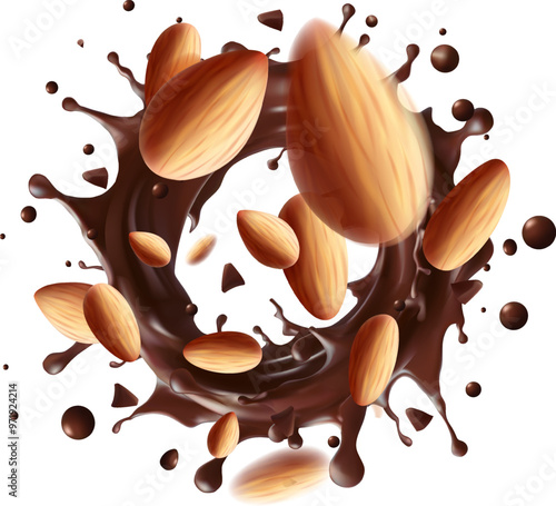 realistic vector  illustration. Almond nut with chocolate splash. Almond milk, dairy product. Mesh gradient is used
