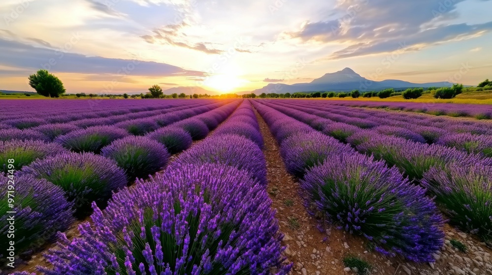 A vast lavender field stretching to the horizon under a setting sun. A vast lavender field stretching to the horizon under a setting sun.