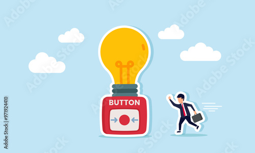 A businessman running and trying to press a button to turn on a light, illustration of Racing against time to generate ideas and innovations for a business and its growth
