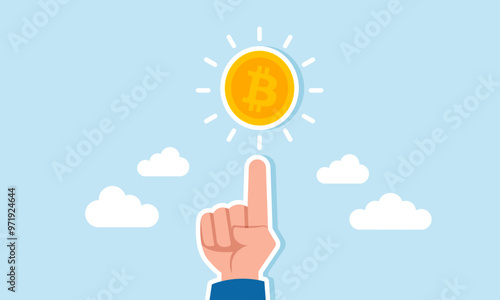 A businessman hand pointing towards a glowing bitcoin, illustration of The strong valuation of bitcoin is attracting many people to buy it