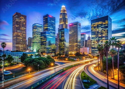 Wallpaper Mural Vibrant cityscape of downtown Los Angeles at night, radiant with twinkling skyscraper lights, neon signs, and bustling traffic, set against a deep blue metropolitan sky. Torontodigital.ca