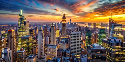 Vibrant cityscape of iconic Manhattan skyscrapers, bustling streets, and bright lights illuminating a warm summer evening, capturing the essence of the Big Apple's dynamic energy. photo