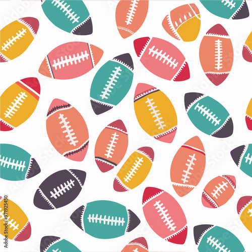 Colorful seamless vector pattern featuring American footballs in various colors. Perfect for sports-themed designs and kids' products.