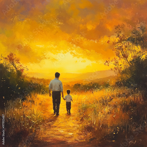 ather and son walking on path in golden sunset landscape