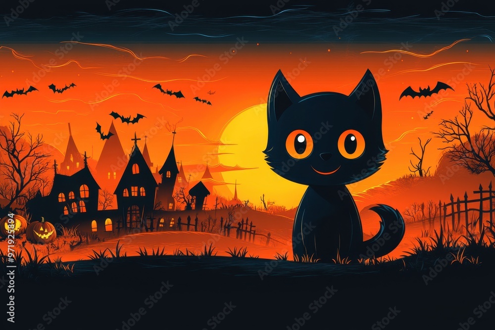 A cute black cat stands against a spooky Halloween backdrop with bats and a haunted village. A cute black cat stands against a spooky Halloween backdrop with bats and a haunted village.