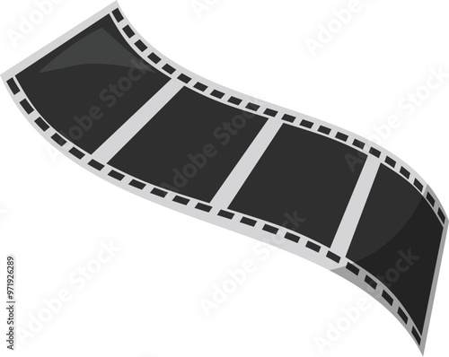 Black and white film strip curled and waving on a white background