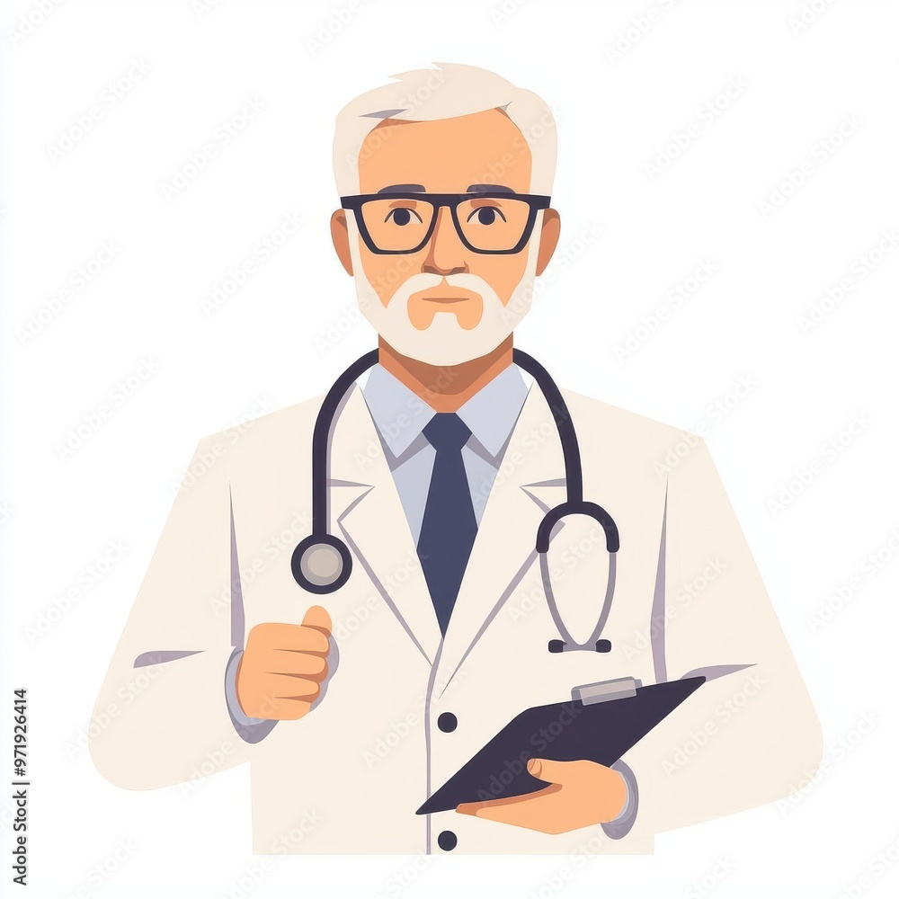 Senior doctor in a lab coat, discussing elderly health, flat design, neutral tones, isolated on white background Senior doctor in a lab coat, discussing elderly health, flat design, neutral tones, isolated on white background