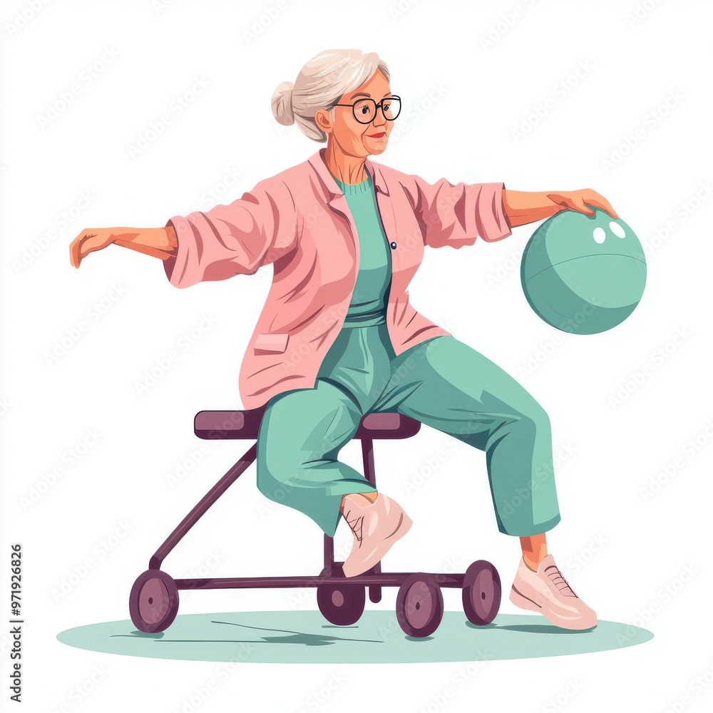 Senior woman doing physical therapy with a balance ball, rehabilitation exercises, digital illustration, soft pastels, isolated on white background Senior woman doing physical therapy with a balance ball, rehabilitation exercises, digital illustration, soft pastels, isolated on white background