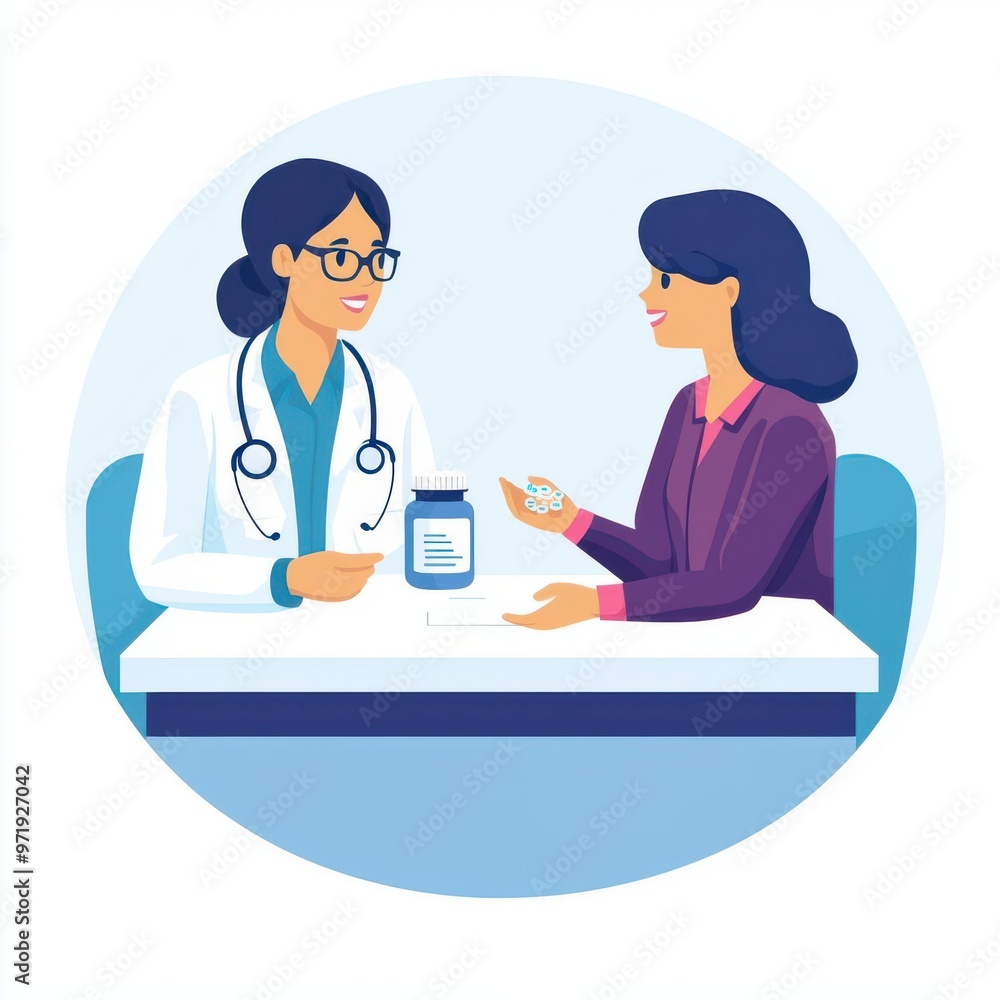 Senior woman talking to a pharmacist, medication consultation, flat design, bright colors, isolated on white background Senior woman talking to a pharmacist, medication consultation, flat design, bright colors, isolated on white background