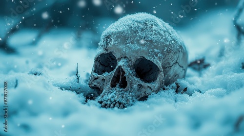 A snowy skull resting in the frozen landscape, evoking a haunting atmosphere.