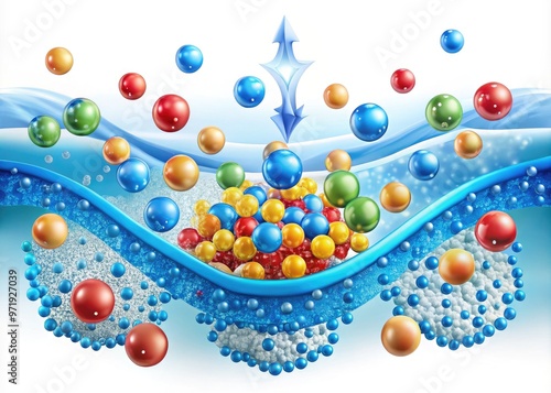 Vibrant, colorful illustration of osmosis process showing water molecules passing through a semipermeable membrane, with arrows and particles in motion, on a white background. photo