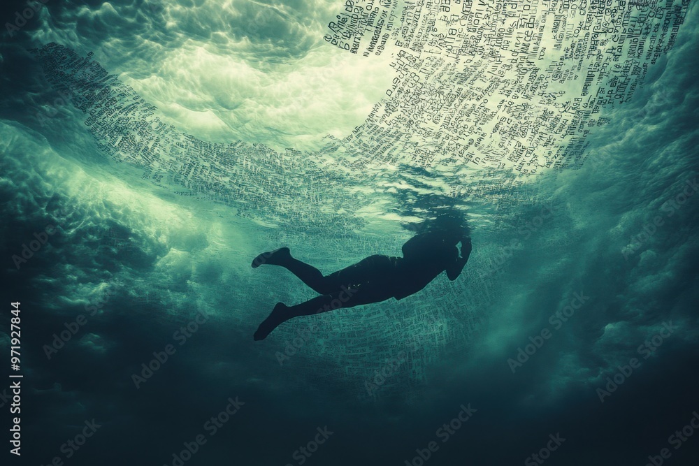 Obraz premium Diver Underwater with Floating Text