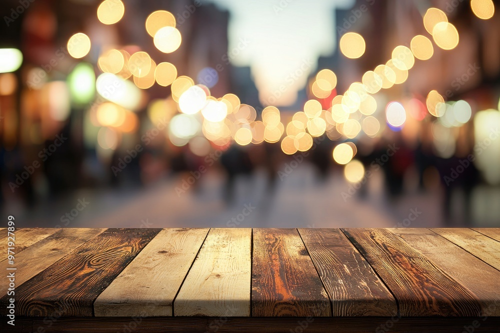 A wooden table with a blurry background of people walking on a street, a busy city street at night, with people walking around and lights shining brightly A wooden table with a blurry background of people walking on a street, a busy city street at night, with people walking around and lights shining brightly