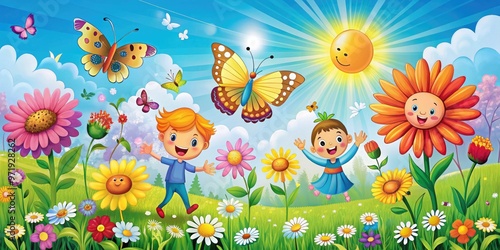 Vibrant colors and playful shapes swirl together in a whimsical illustration of blooming flowers, dancing butterflies, and radiating sunshine, exuding happiness and carefree delight.