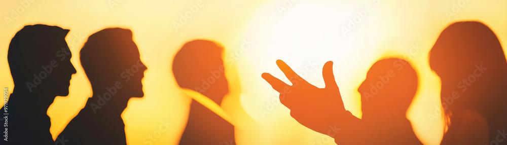 Silhouettes of figures in discussion against vibrant sunset backdrop, capturing moment of connection and communication. warm colors evoke sense of unity and engagement Silhouettes of figures in discussion against vibrant sunset backdrop, capturing moment of connection and communication. warm colors evoke sense of unity and engagement