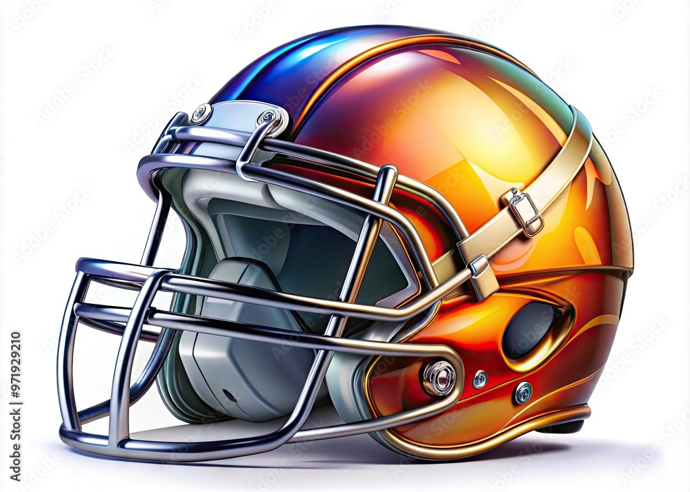 Vibrant, detailed illustration of a modern football helmet with intricate facemask, shining chrome accents, and bold team colors, set against a clean white background. Vibrant, detailed illustration of a modern football helmet with intricate facemask, shining chrome accents, and bold team colors, set against a clean white background.