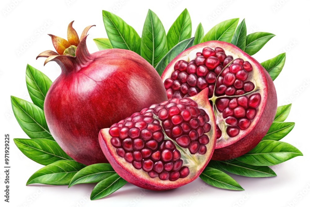 Vibrant, detailed illustration of a pomegranate fruit, showcasing its intricate seed pattern, leathery skin, and lush green leaves, set against a crisp white background. Vibrant, detailed illustration of a pomegranate fruit, showcasing its intricate seed pattern, leathery skin, and lush green leaves, set against a crisp white background.