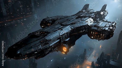 Fototapeta Naklejka Na Ścianę i Meble -  Futuristic sci-fi spaceship hovering over a spaceport, galaxy exploring vehicle battle warship, interstellar travel starship