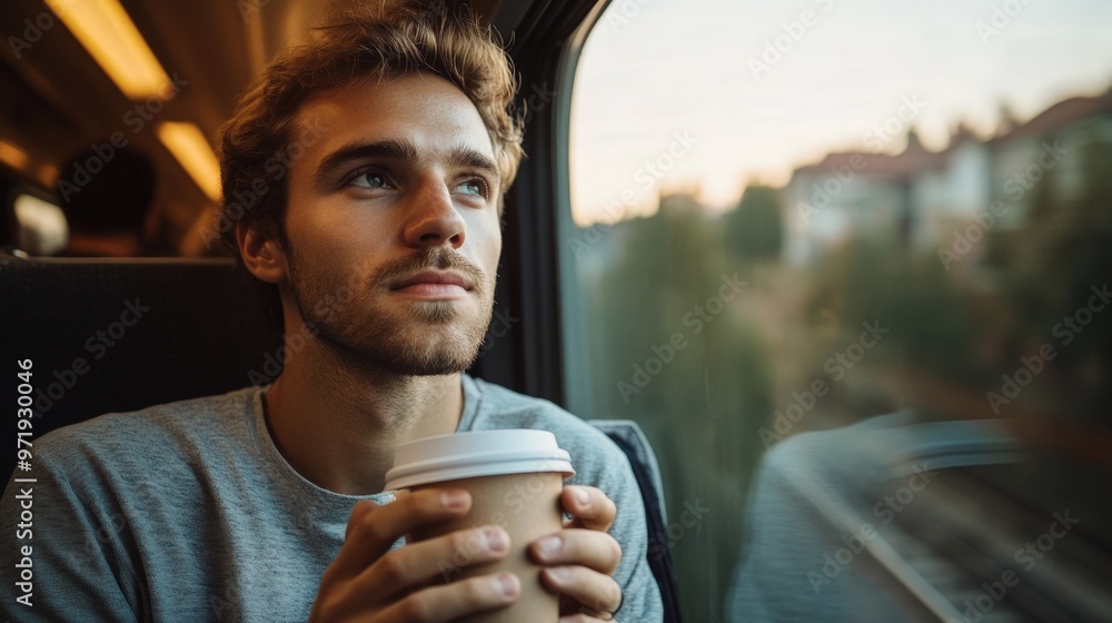 A young man in a train compartment, gripping a coffee cup with both hands, looking out of the window with a pensive expression A young man in a train compartment, gripping a coffee cup with both hands, looking out of the window with a pensive expression
