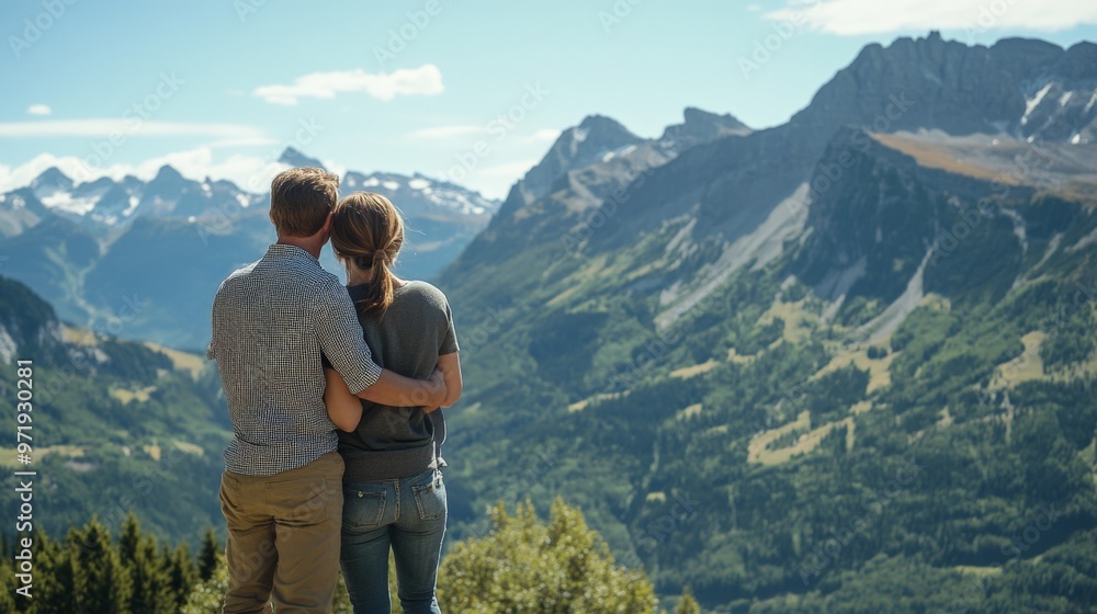 A couple holding each other close while overlooking a mountain range, hands resting gently on each others backs, smiles on their faces A couple holding each other close while overlooking a mountain range, hands resting gently on each others backs, smiles on their faces