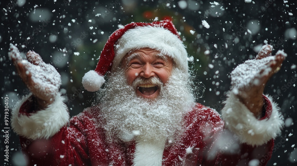 A smiling man in a red Santa hat and red suit is surrounded by snow A smiling man in a red Santa hat and red suit is surrounded by snow