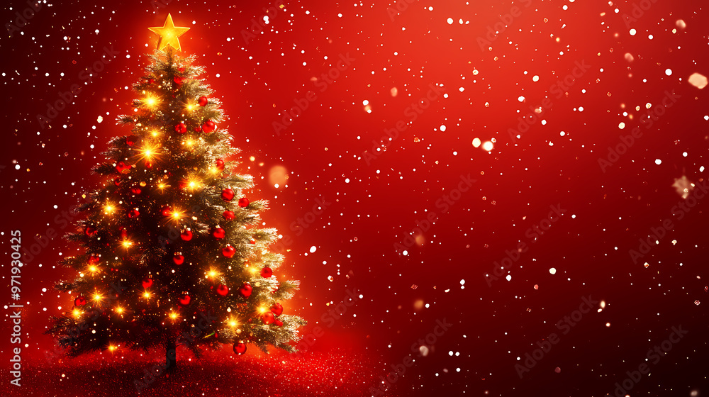 Festive atmosphere with a glowing red Christmas tree Festive atmosphere with a glowing red Christmas tree