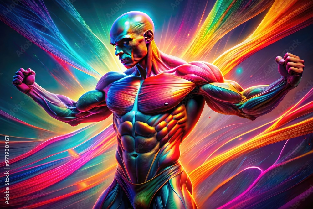 Vibrant digital illustration of a muscular human figure in bold lines and bright colors, showcasing powerful physiology and dynamic anatomy in a striking composition. Vibrant digital illustration of a muscular human figure in bold lines and bright colors, showcasing powerful physiology and dynamic anatomy in a striking composition.