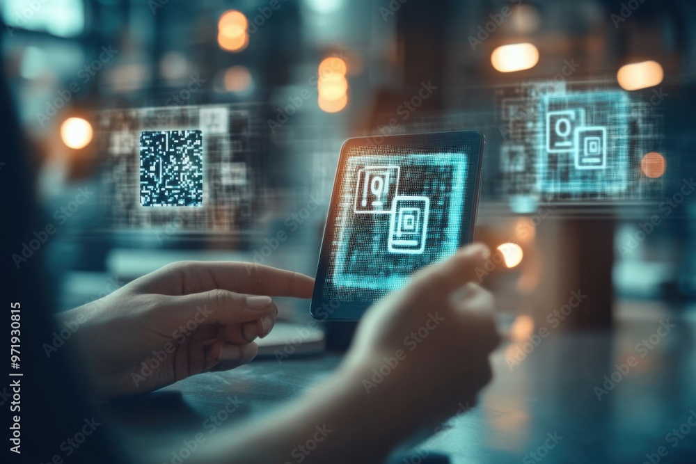 Person Using Tablet with QR Code Interface Person Using Tablet with QR Code Interface
